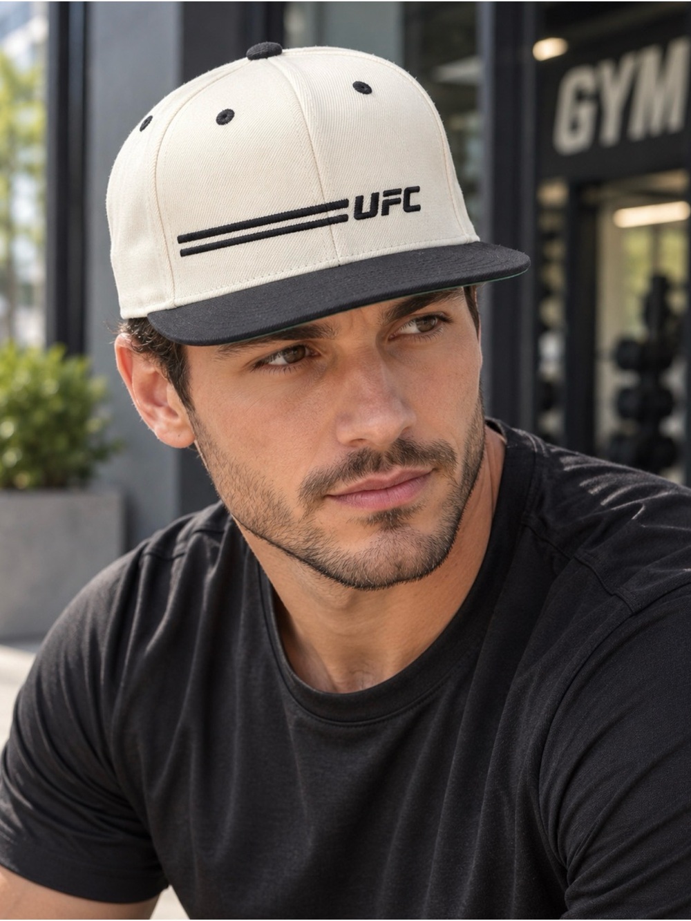 UFC Yupoong Classics Cream Black Flat Brim Snapback Hat NWT